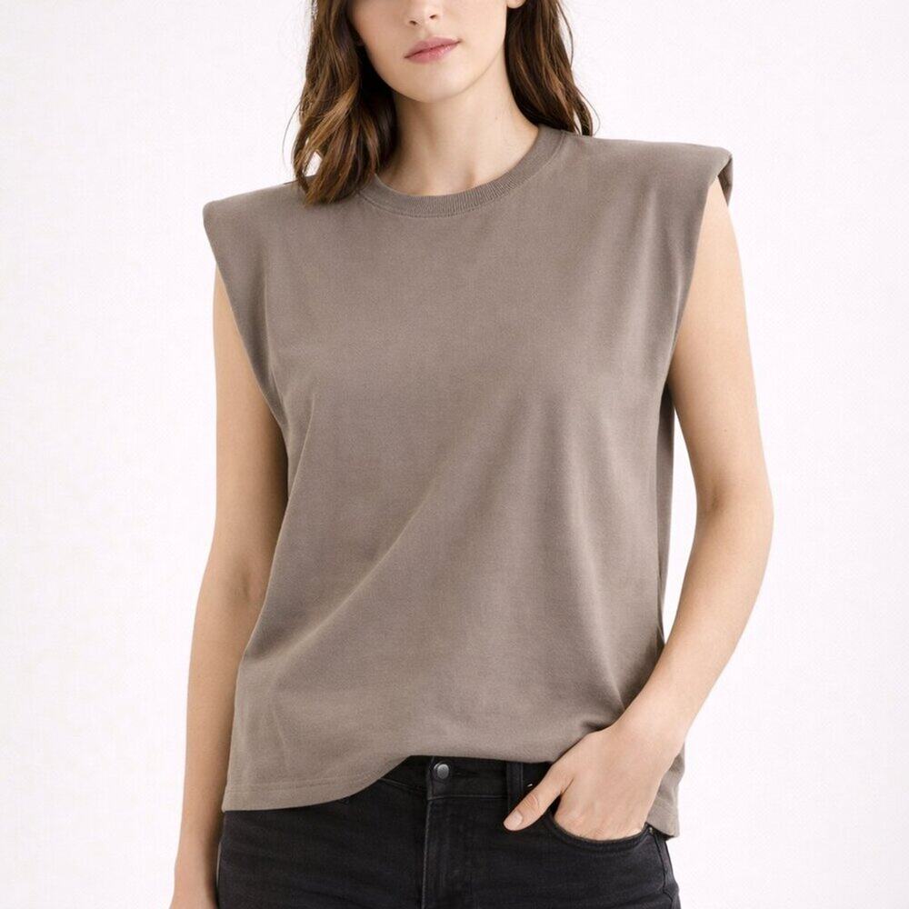 The Frankie Shop Eva Shoulder Pad T-Shirt Taupe | Structured Sleeveless Top S
